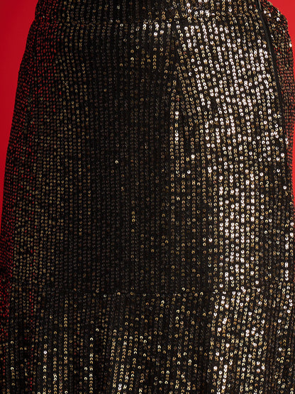 Women Black With Golden Sequence Crop Top With Fish Cut Skirt