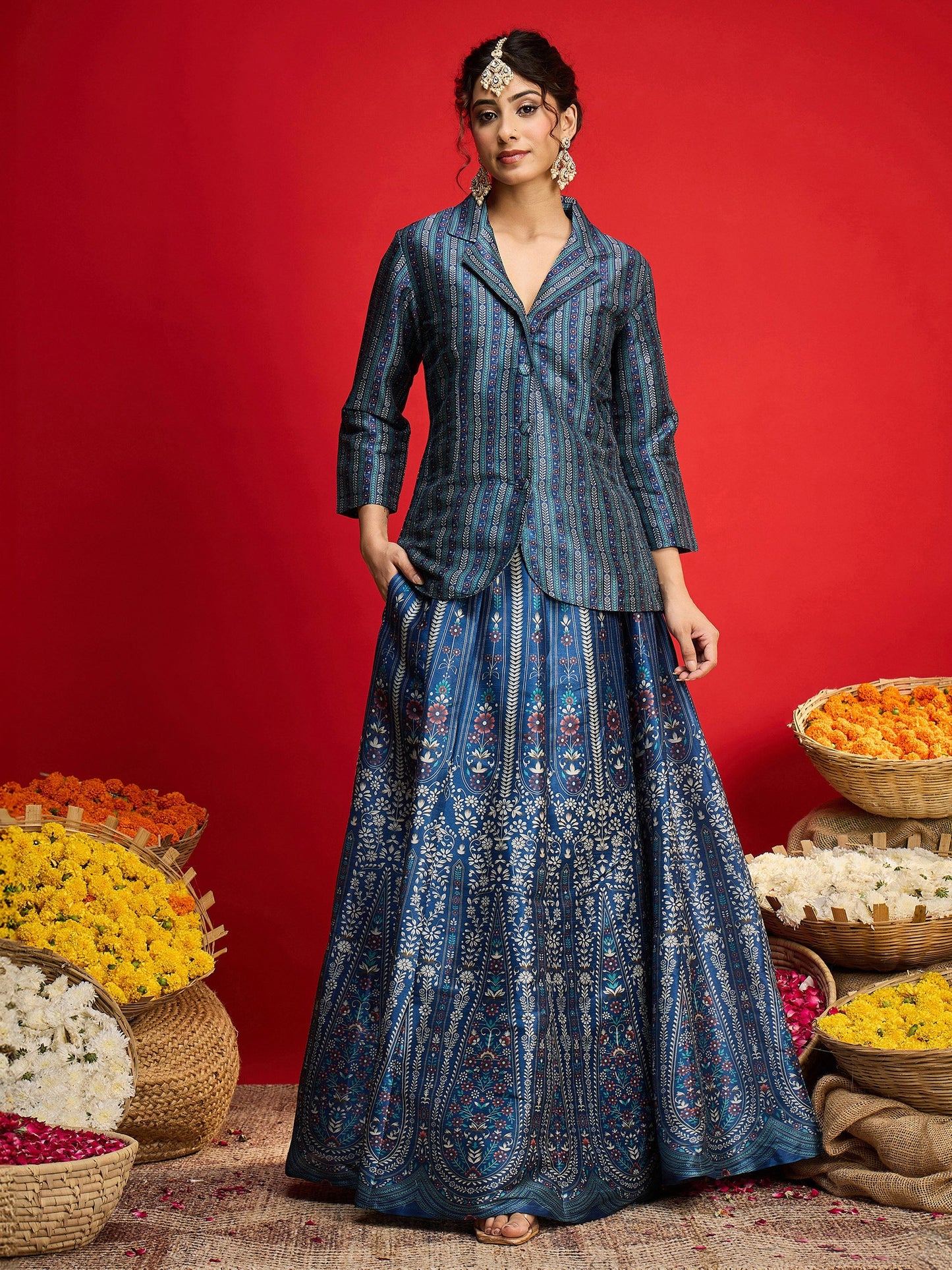 Women Blue Multi Floral Blazer Top With Anarkali Skirt
