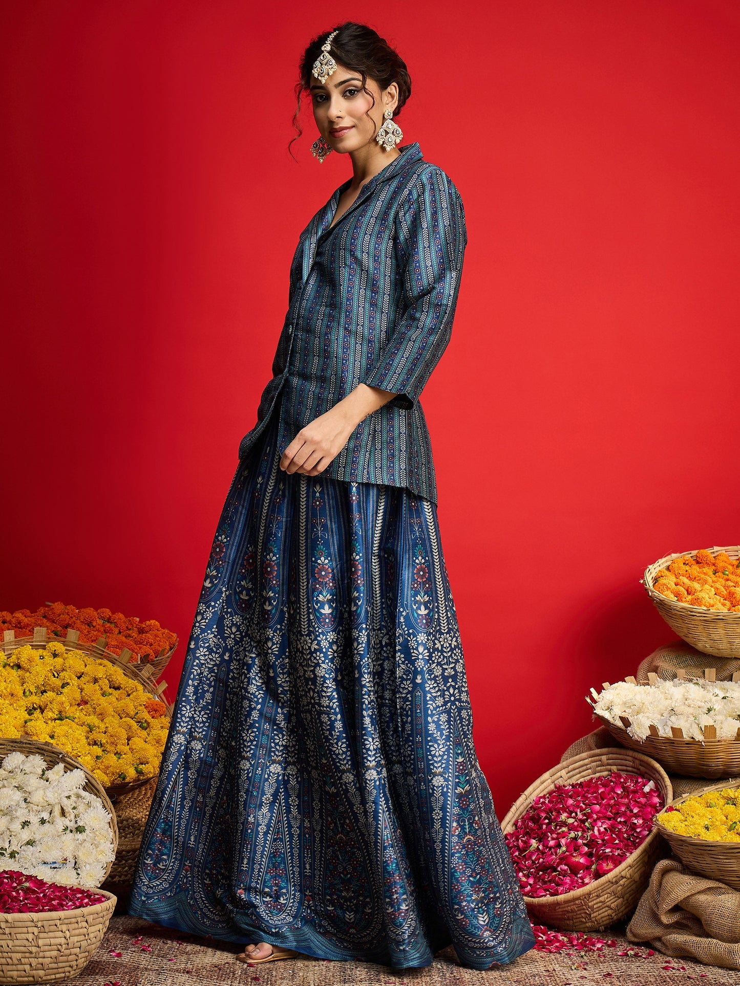 Women Blue Multi Floral Blazer Top With Anarkali Skirt
