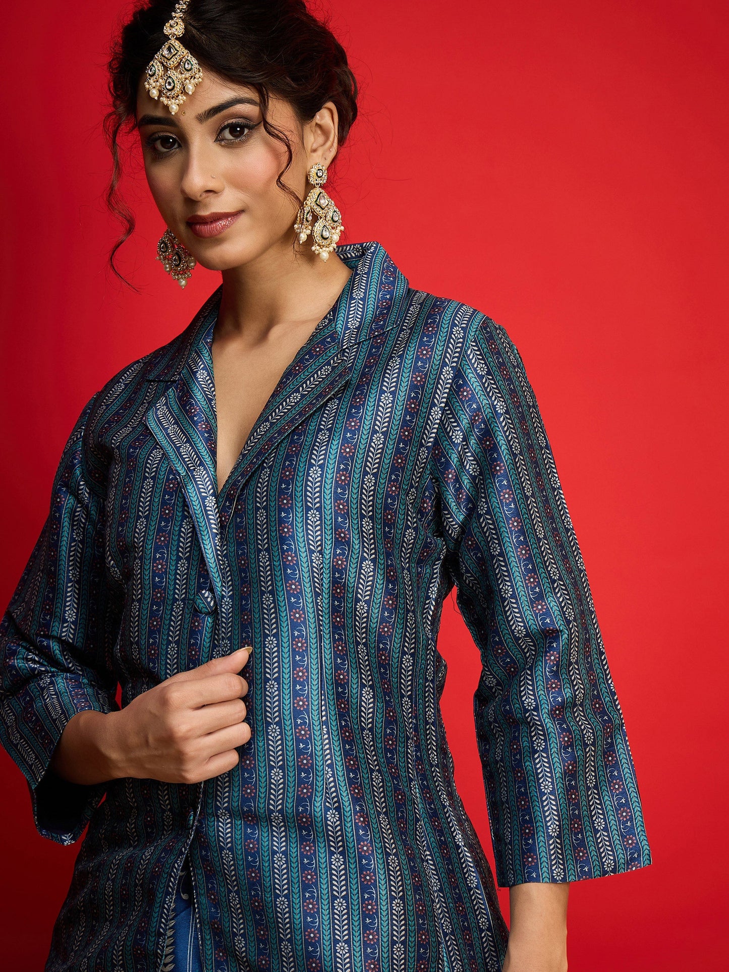 Women Blue Multi Floral Blazer Top With Anarkali Skirt