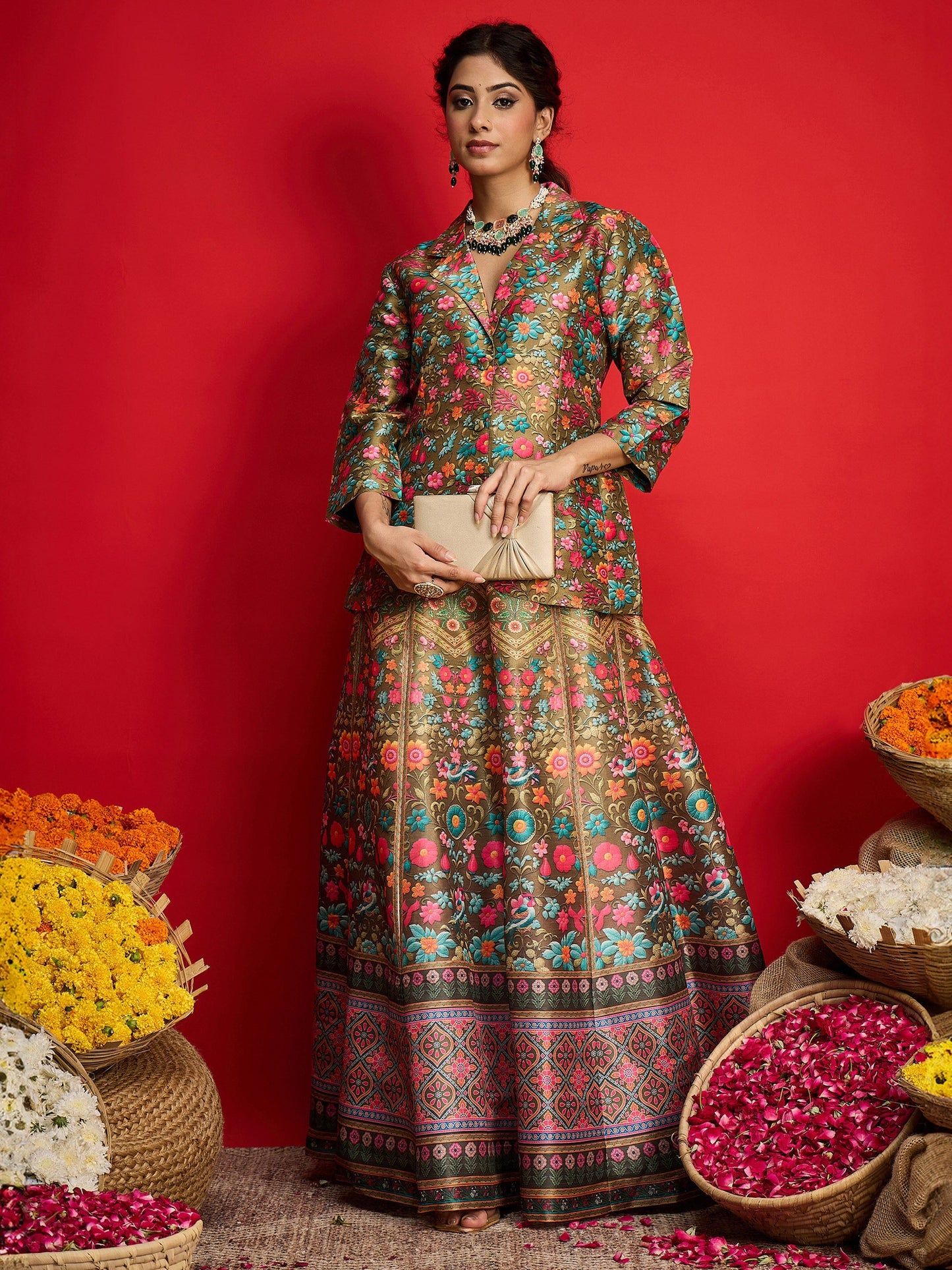 Women Olive Multi Floral Blazer Top With Anarkali Skirt