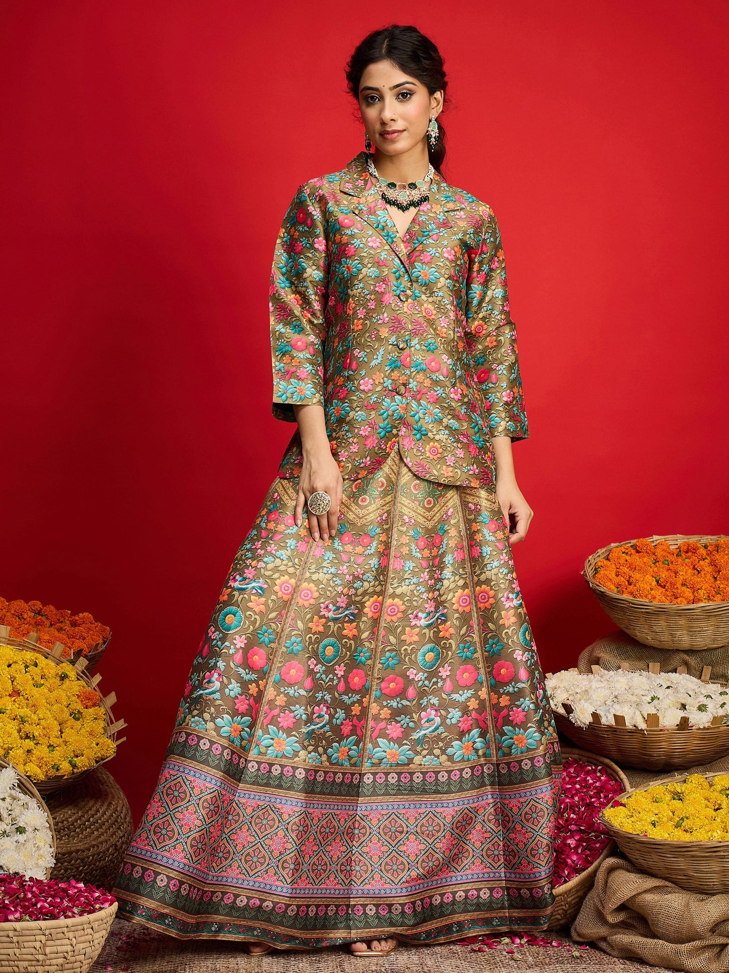 Women Olive Multi Floral Blazer Top With Anarkali Skirt