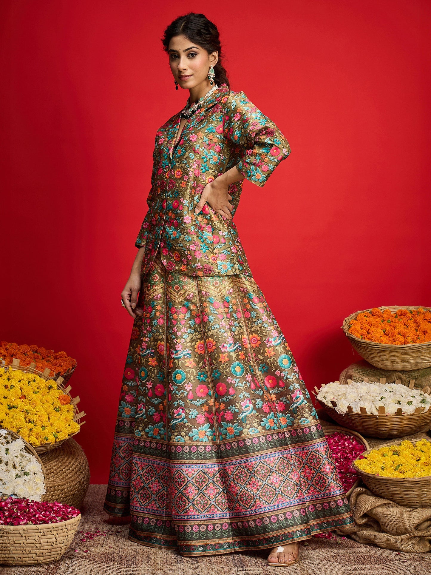 Women Olive Multi Floral Blazer Top With Anarkali Skirt