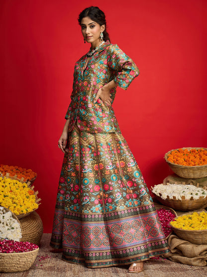 Women Olive Multi Floral Blazer Top With Anarkali Skirt