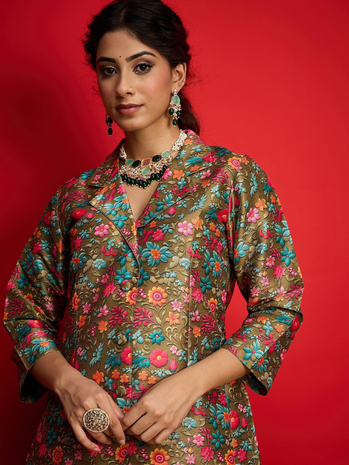 Women Olive Multi Floral Blazer Top With Anarkali Skirt