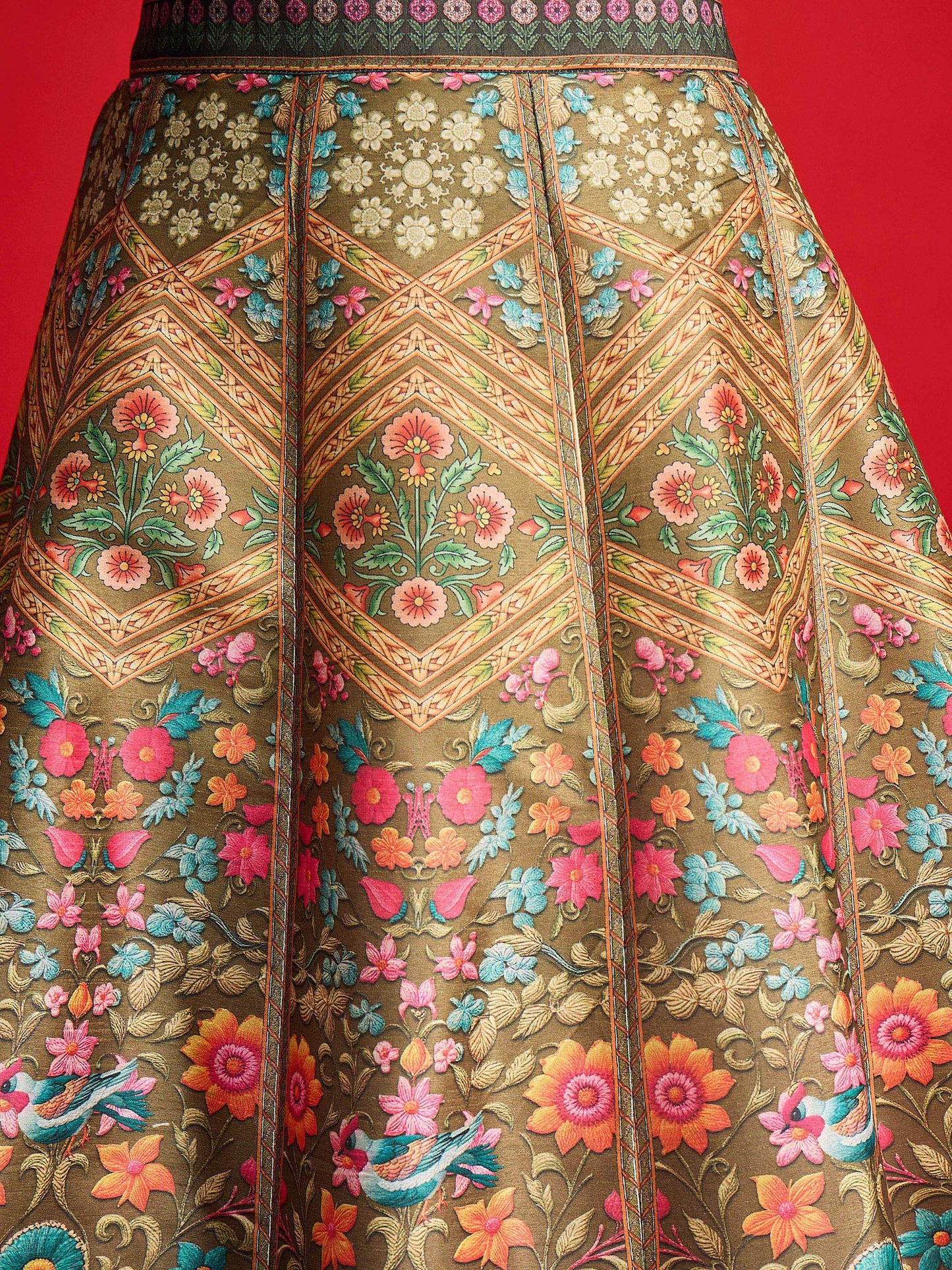 Women Olive Multi Floral Blazer Top With Anarkali Skirt