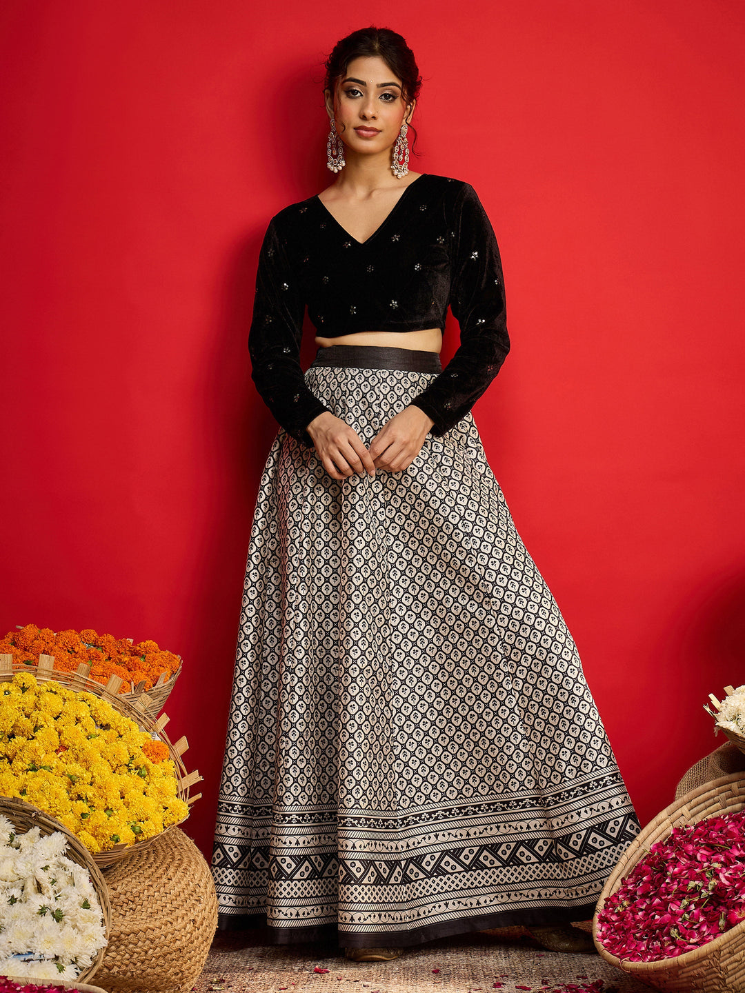 Women Black Velvet Embroidered Crop Top With Anarkali Skirt