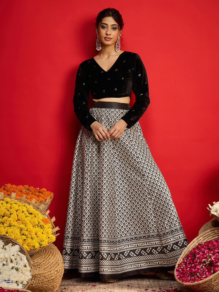 Women Black Velvet Embroidered Crop Top With Anarkali Skirt