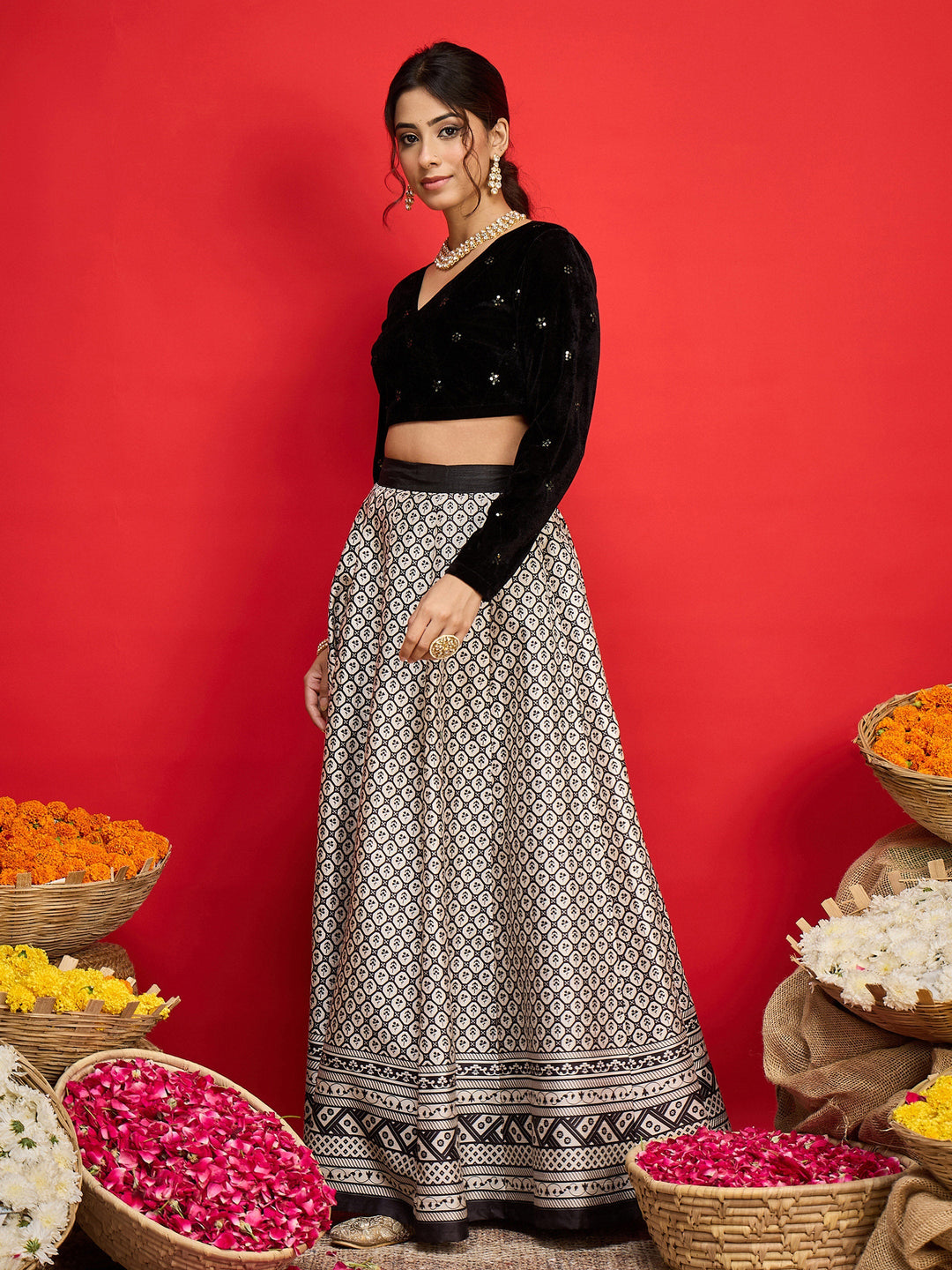 Women Black Velvet Embroidered Crop Top With Anarkali Skirt