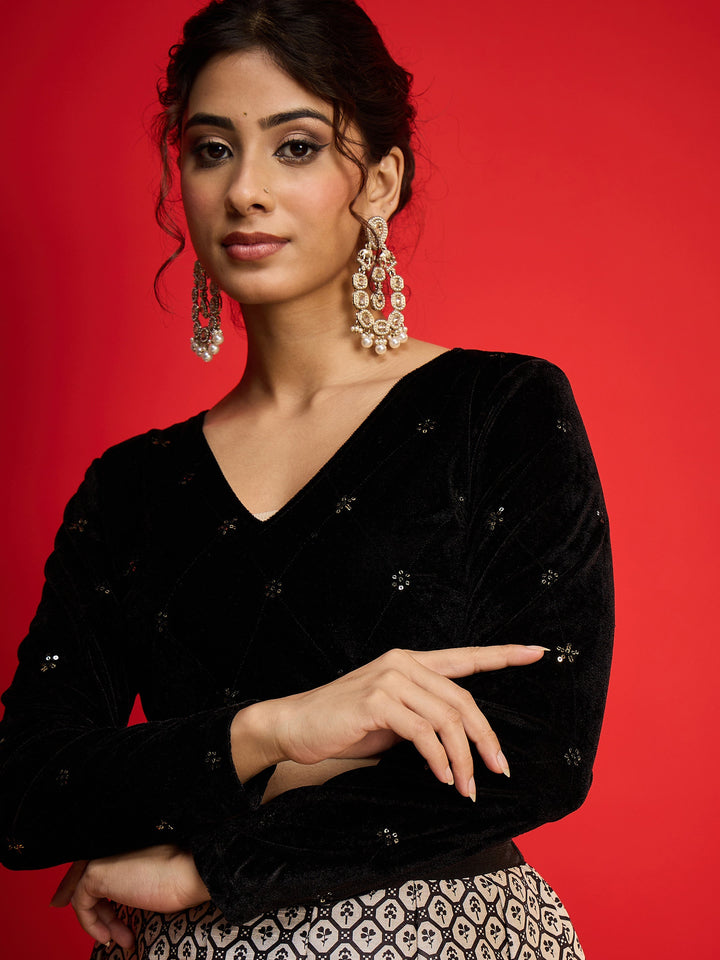 Women Black Velvet Embroidered Crop Top With Anarkali Skirt