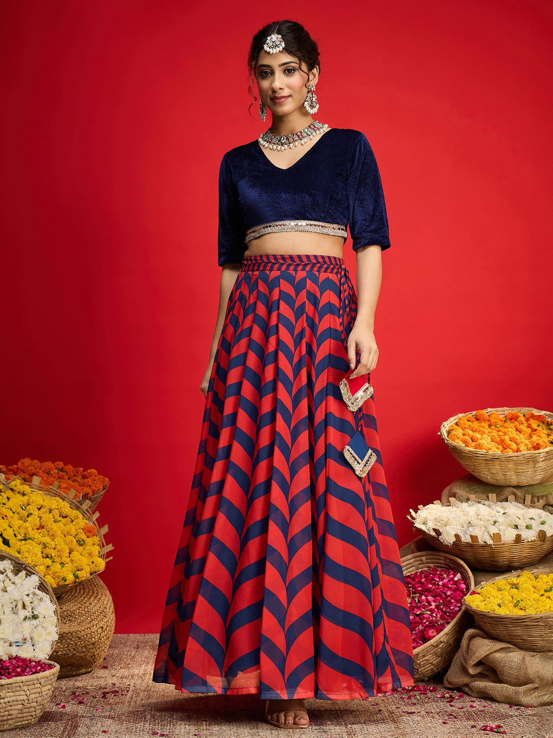 Women's Women Navy Velvet Short Sleeves Crop Top With Anarkali Skirt in Velvet by Shae for wholesale, bulk, supplier, manufacturer and wholesaler buyers from Trendphoria