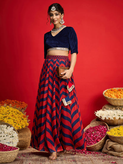 Women Navy Velvet Short Sleeves Crop Top With Anarkali Skirt