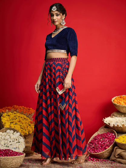 Women Navy Velvet Short Sleeves Crop Top With Anarkali Skirt