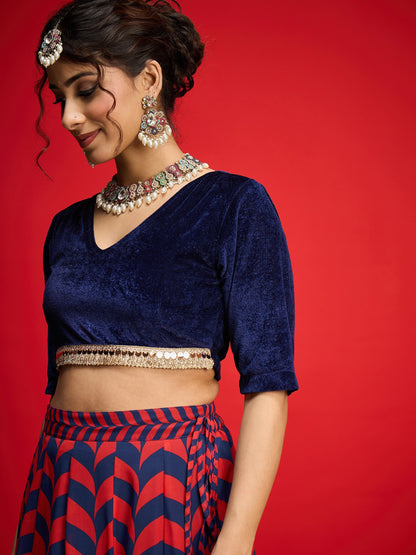 Women Navy Velvet Short Sleeves Crop Top With Anarkali Skirt