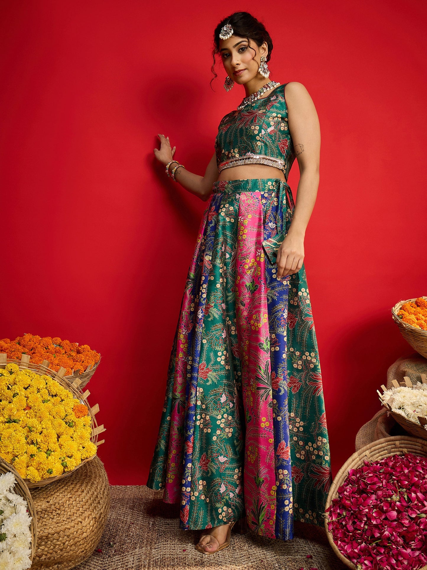 Women Green Multi Floral Anarkali Skirt With Crop Top