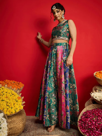 Women Green Multi Floral Anarkali Skirt With Crop Top