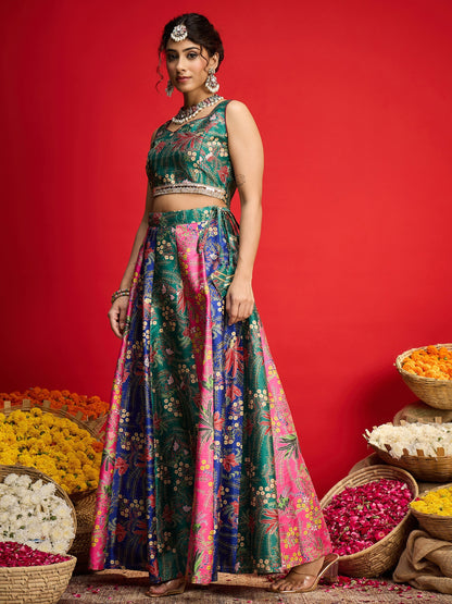 Women Green Multi Floral Anarkali Skirt With Crop Top