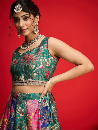 Women Green Multi Floral Anarkali Skirt With Crop Top
