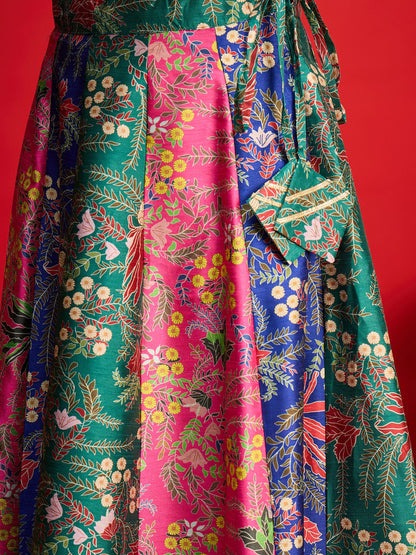 Women Green Multi Floral Anarkali Skirt With Crop Top