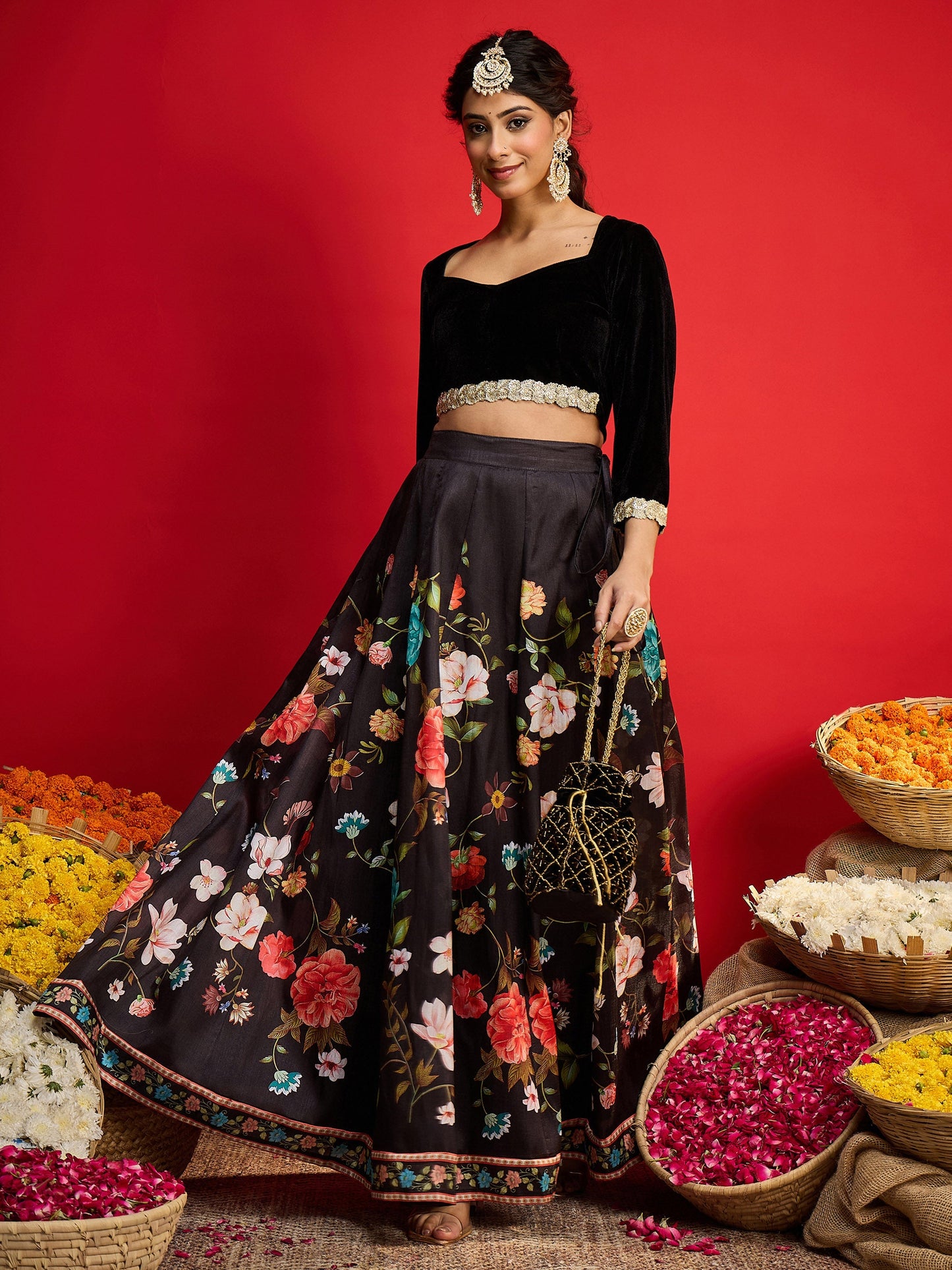 Women's Women Black Velvet Full Sleeve Crop Top With Anarkali Skirt in Velvet by Shae for wholesale, bulk, supplier, manufacturer and wholesaler buyers from Trendphoria