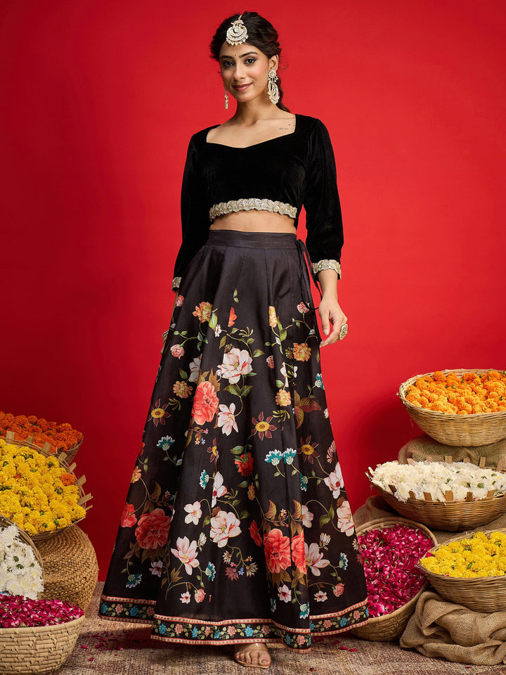 Women Black Velvet Full Sleeve Crop Top With Anarkali Skirt