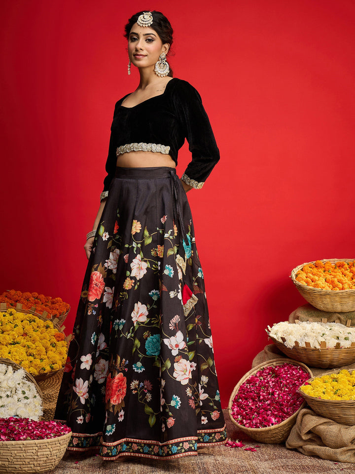 Women Black Velvet Full Sleeve Crop Top With Anarkali Skirt