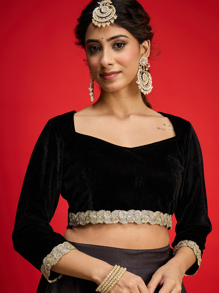 Women Black Velvet Full Sleeve Crop Top With Anarkali Skirt