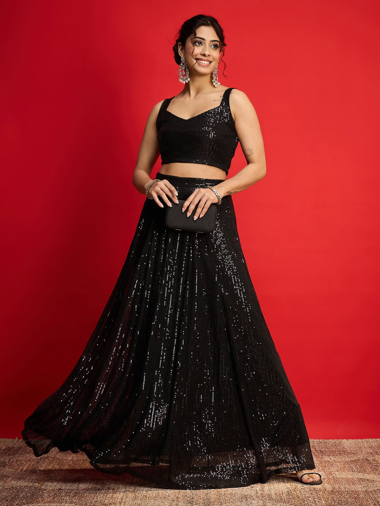 Women Black Sequins Sleeveless Crop Top With Anarkali Skirt