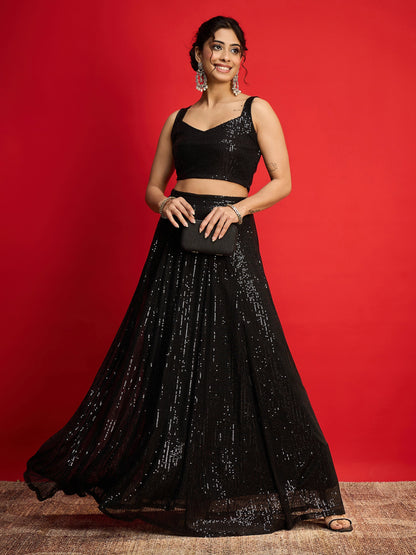 Women Black Sequins Sleeveless Crop Top With Anarkali Skirt