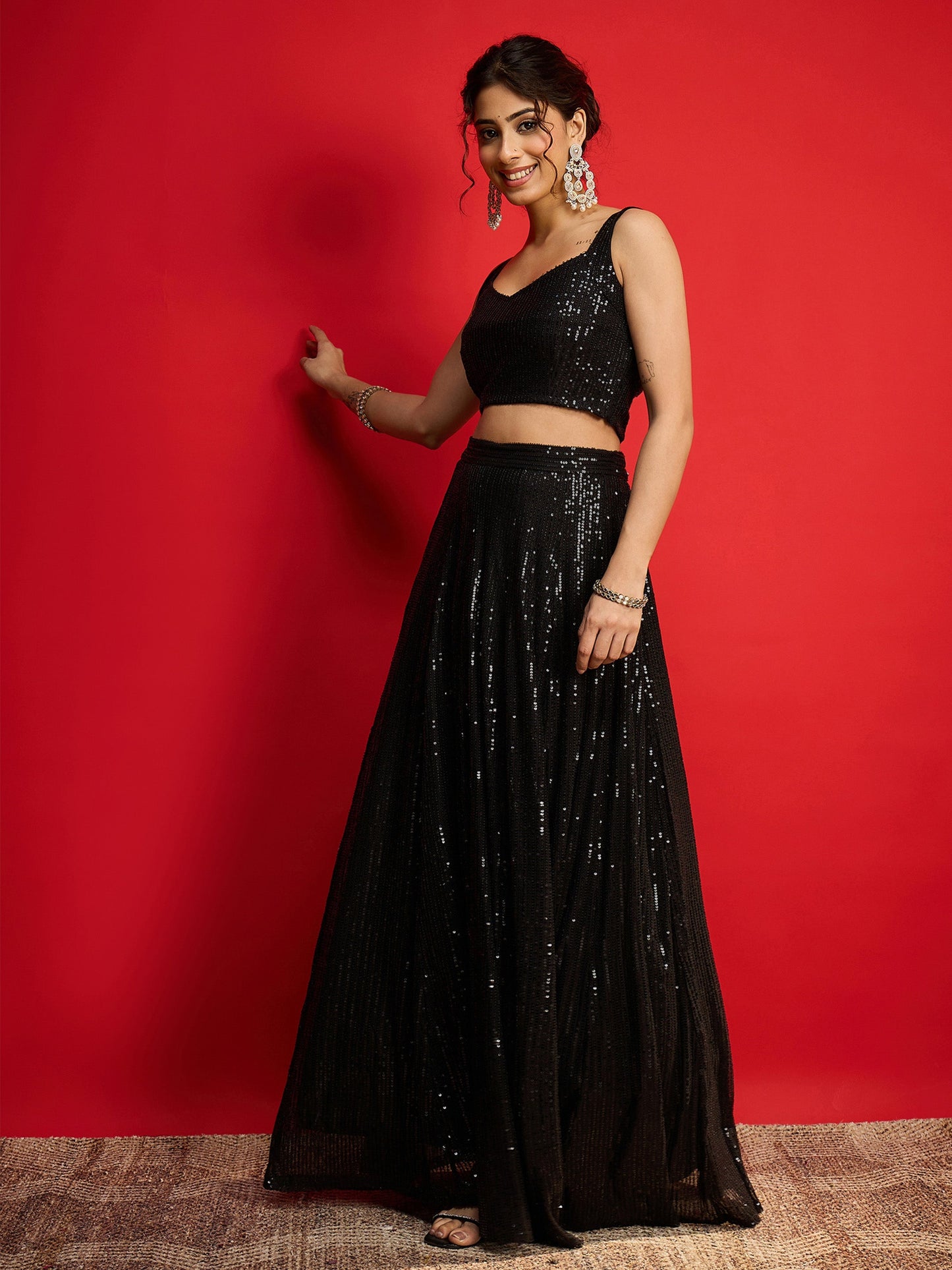 Women Black Sequins Sleeveless Crop Top With Anarkali Skirt