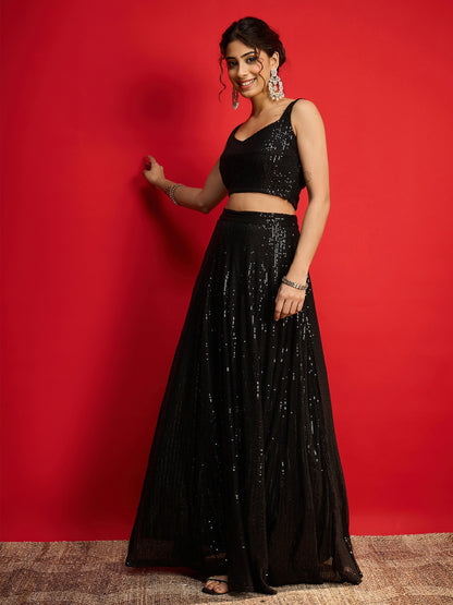 Women Black Sequins Sleeveless Crop Top With Anarkali Skirt
