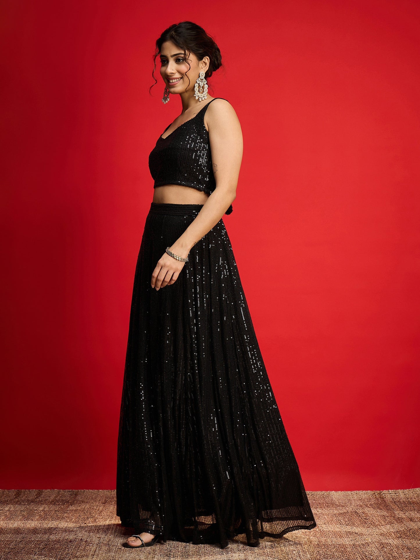 Women Black Sequins Sleeveless Crop Top With Anarkali Skirt
