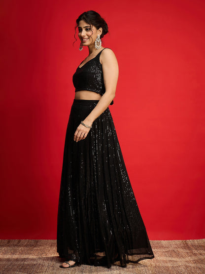 Women Black Sequins Sleeveless Crop Top With Anarkali Skirt
