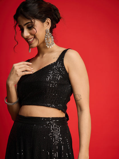 Women Black Sequins Sleeveless Crop Top With Anarkali Skirt