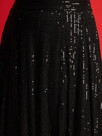 Women Black Sequins Sleeveless Crop Top With Anarkali Skirt