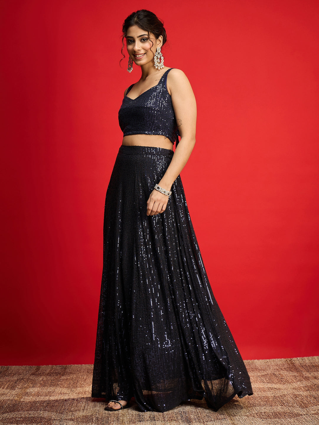 Women Navy Sequins Sleeveless Crop Top With Anarkali Skirt