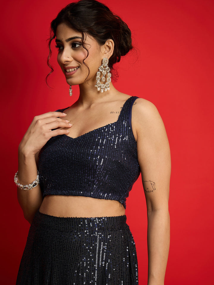 Women Navy Sequins Sleeveless Crop Top With Anarkali Skirt