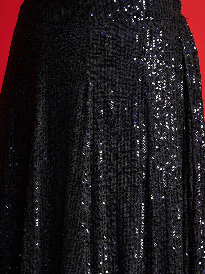 Women Navy Sequins Sleeveless Crop Top With Anarkali Skirt