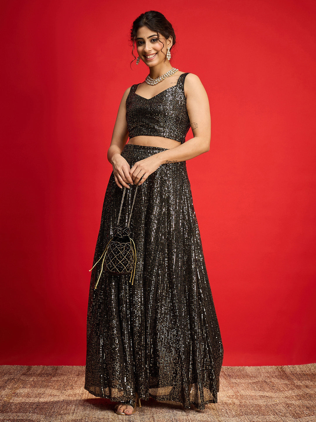 Women Black With Golden Sequins Sleeveless Crop Top With Anarkali Skirt
