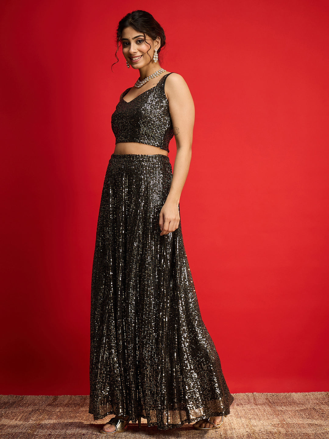 Women Black With Golden Sequins Sleeveless Crop Top With Anarkali Skirt