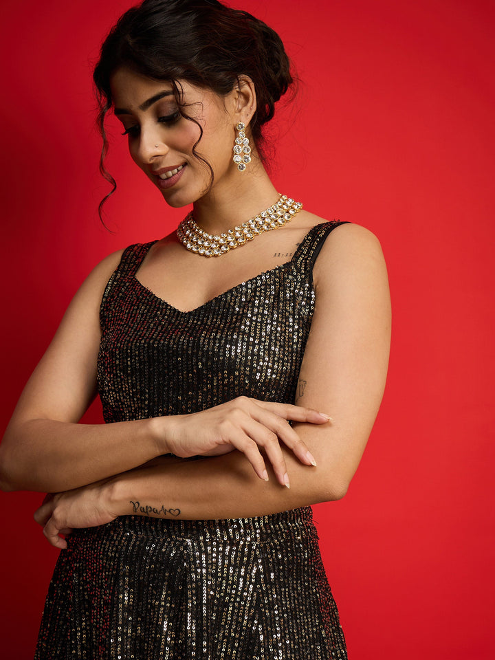Women Black With Golden Sequins Sleeveless Crop Top With Anarkali Skirt