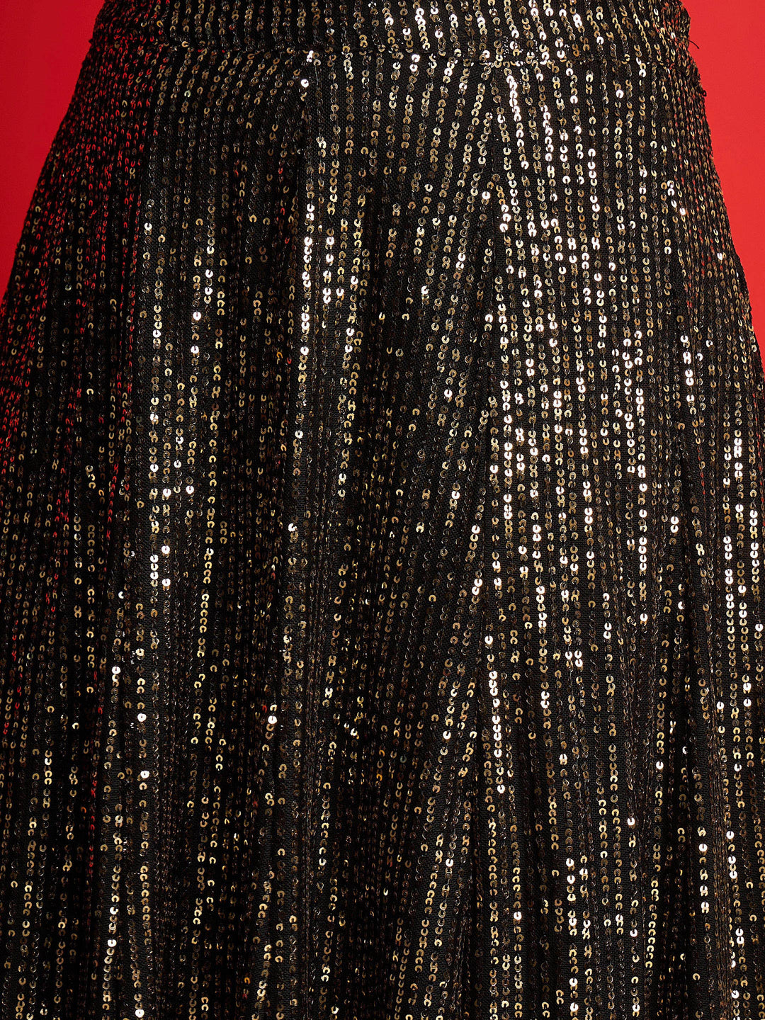 Women Black With Golden Sequins Sleeveless Crop Top With Anarkali Skirt