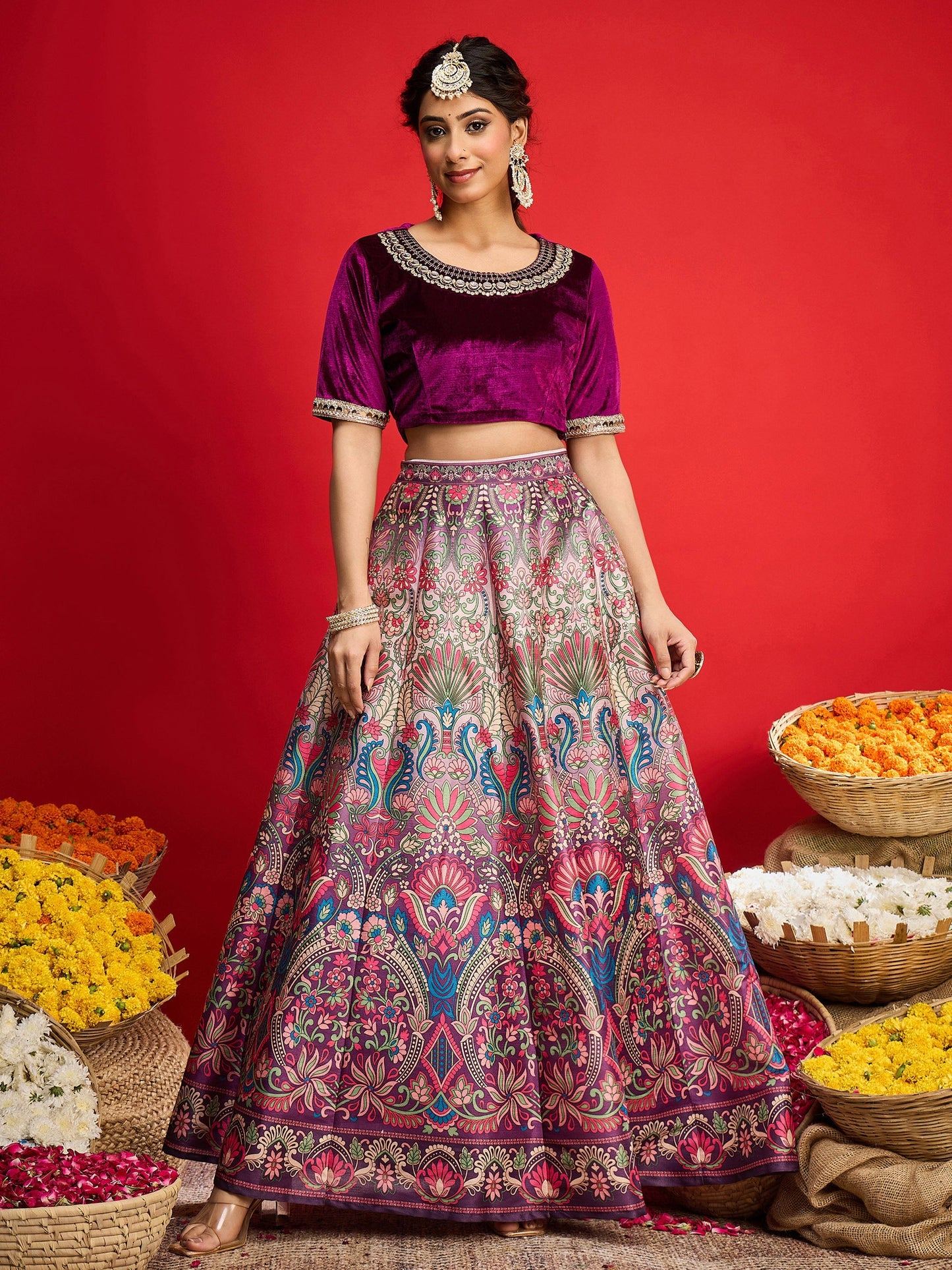 Women Purple Velvet Top With Anarkali Skirt