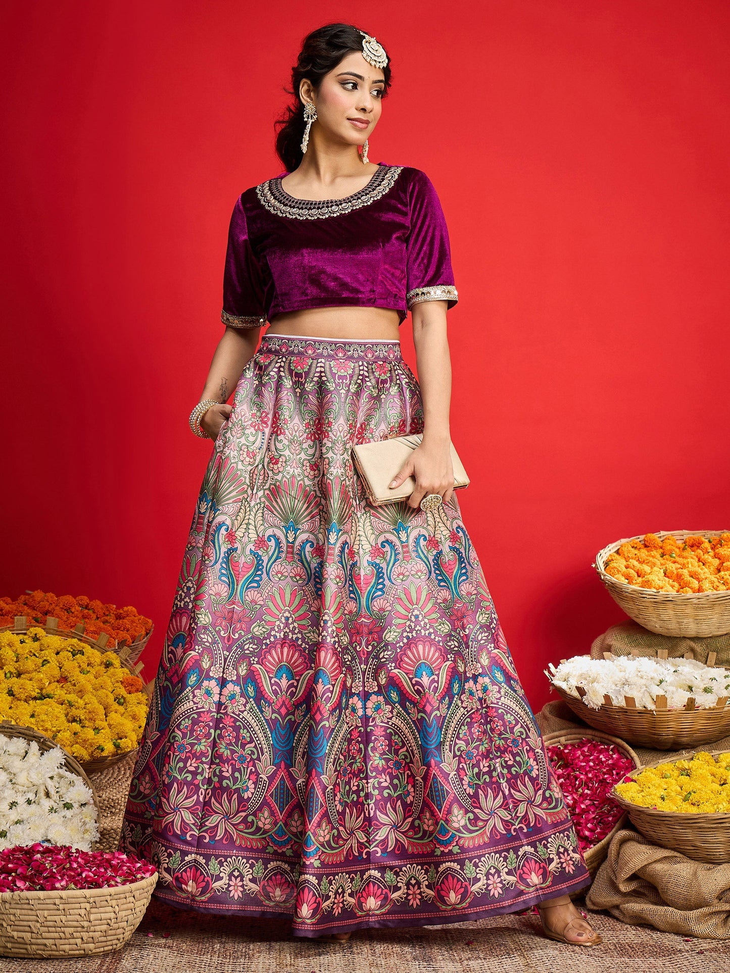 Women Purple Velvet Top With Anarkali Skirt