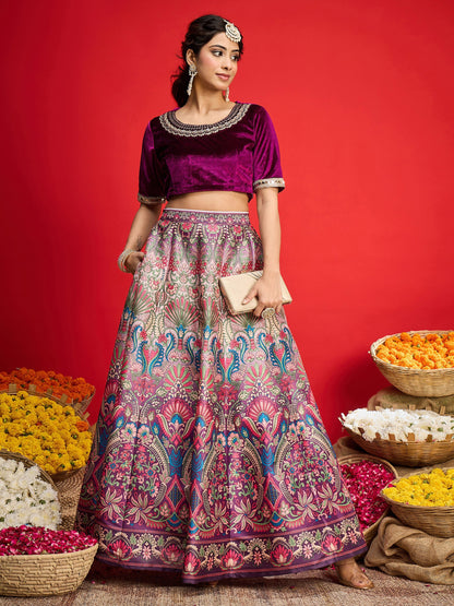Women Purple Velvet Top With Anarkali Skirt