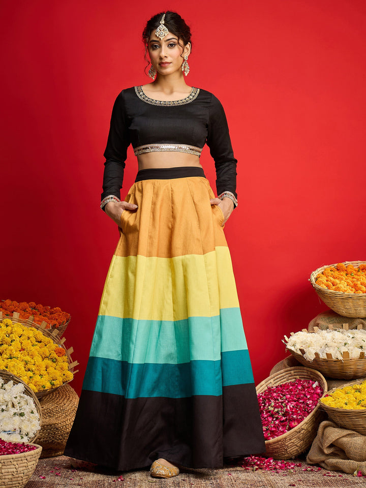 Women Black Poly Silk Crop Top With Anarkali Skirt