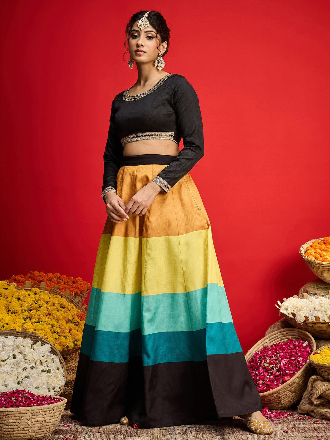 Women Black Poly Silk Crop Top With Anarkali Skirt