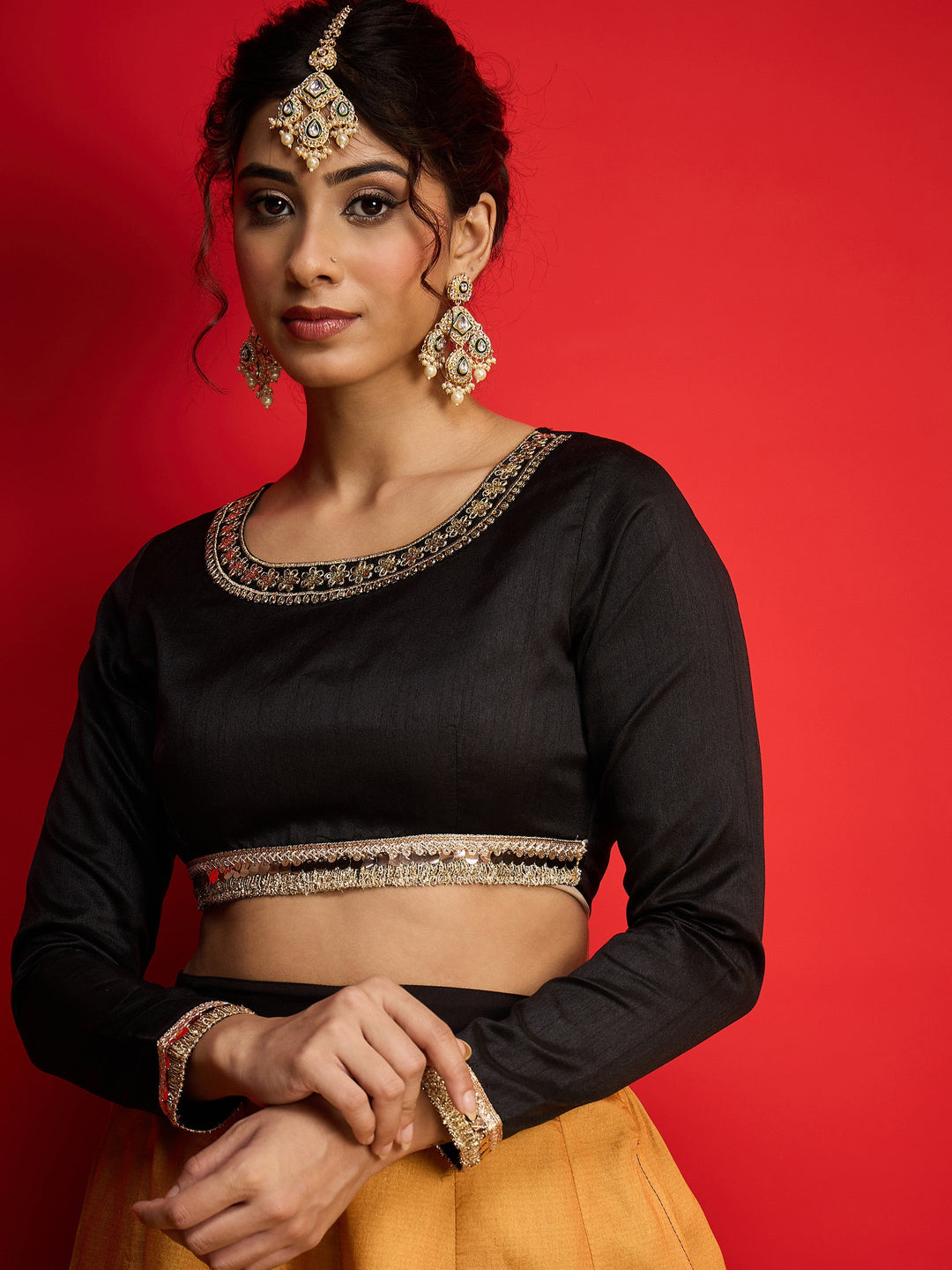 Women Black Poly Silk Crop Top With Anarkali Skirt