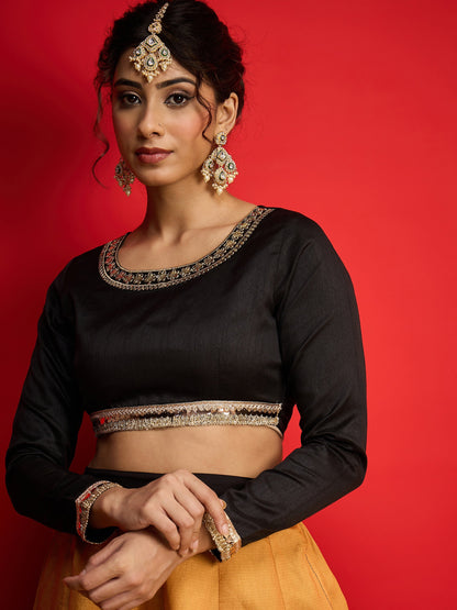 Women Black Poly Silk Crop Top With Anarkali Skirt