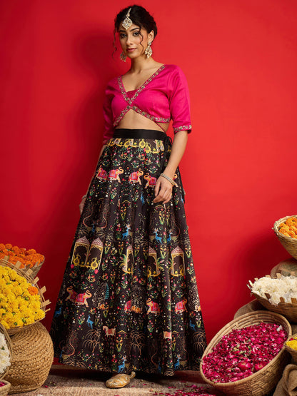 Women Fuchsia Poly Silk Crop Top With Anarkali Skirt